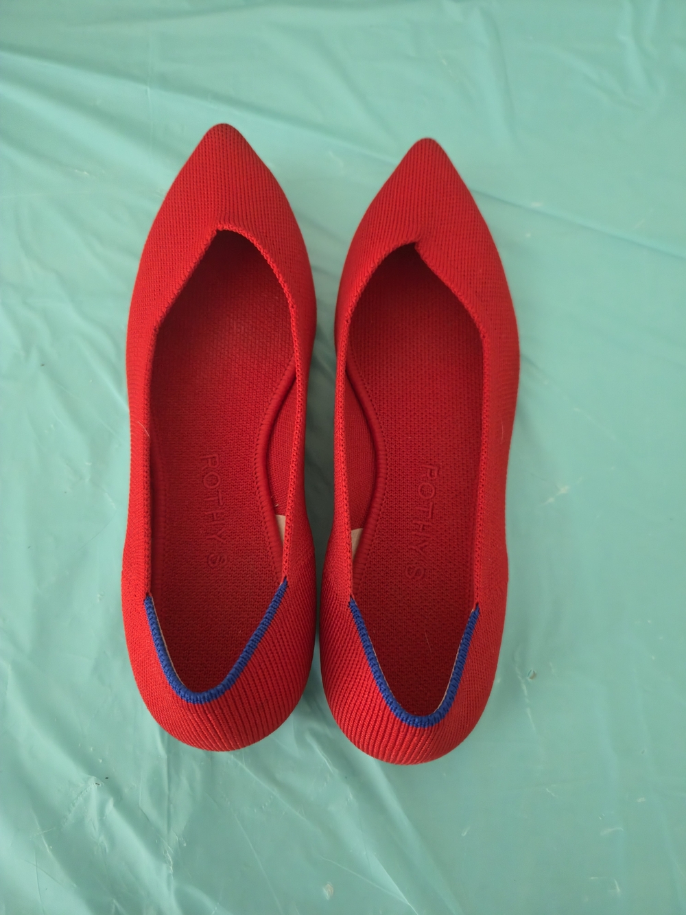 Rothy's Red Pointed-Toe Knit Flats with Blue Trim